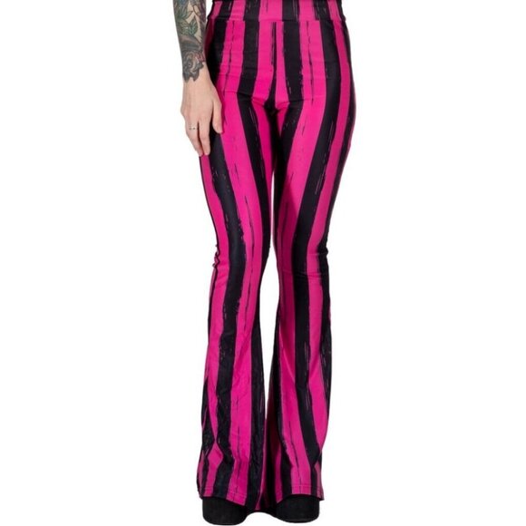Too Fast ✦ Flare Pants XS ✦ Pink Black Striped High-Waisted 70s Punk Stretch NWT - Picture 6 of 11